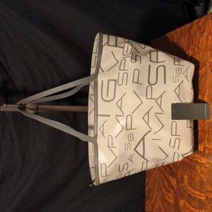 Via Spiga Gray Logo Zip Top Tote Bag Coated Canvas Leather Straps HP 3-28-25